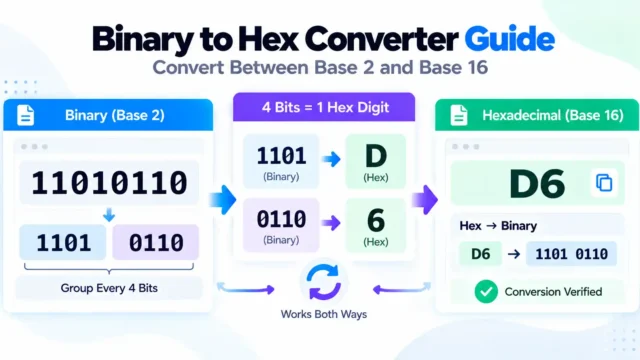 Binary to hex converter guide showing 11010110 grouped into four-bit sets and converted to hexadecimal D6