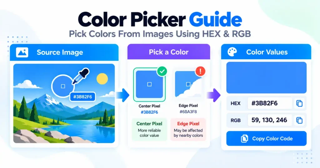Color picker guide showing a blue pixel selected from an image with HEX #3B82F6 and RGB 59, 130, 246 values