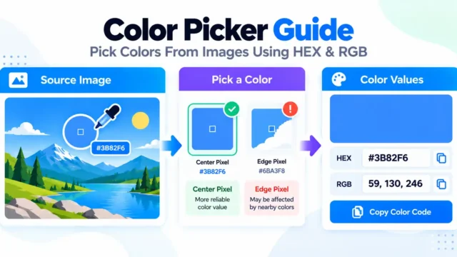 Color picker guide showing a blue pixel selected from an image with HEX #3B82F6 and RGB 59, 130, 246 values