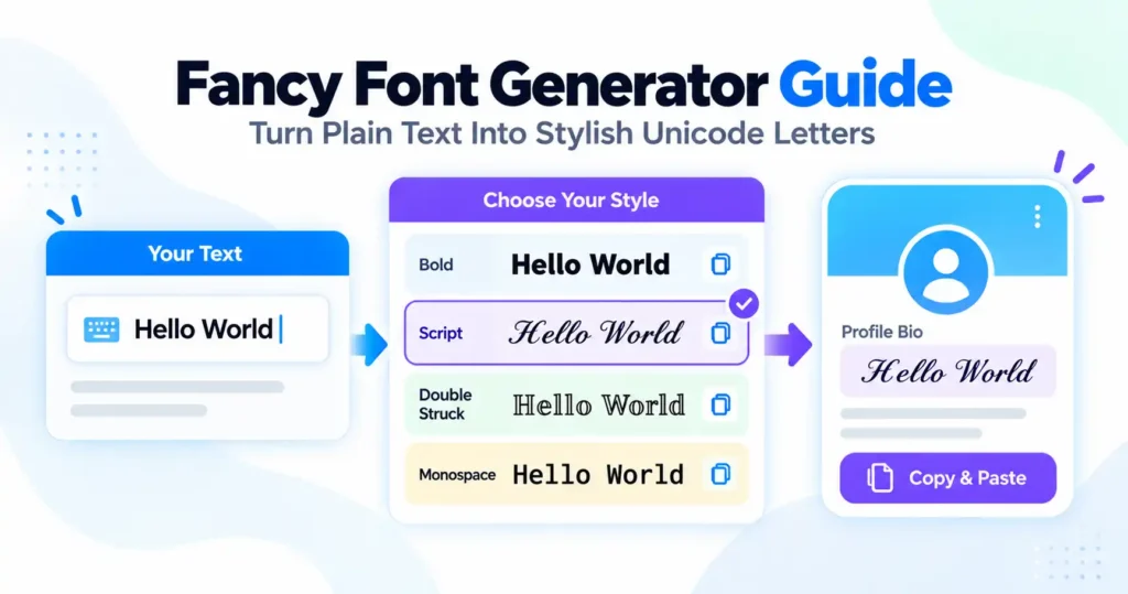 Fancy font generator guide showing plain Hello World text converted into bold, script, double-struck, and monospace Unicode styles