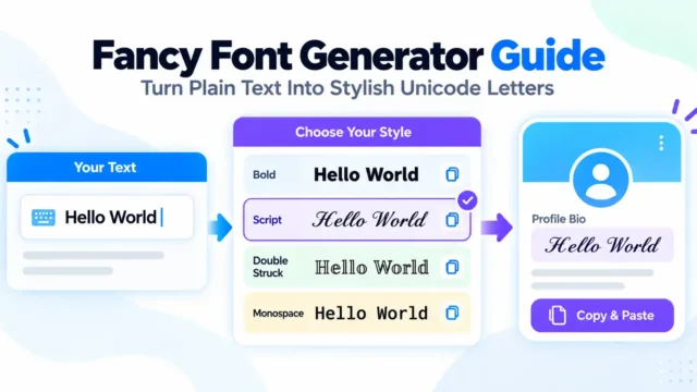 Fancy font generator guide showing plain Hello World text converted into bold, script, double-struck, and monospace Unicode styles