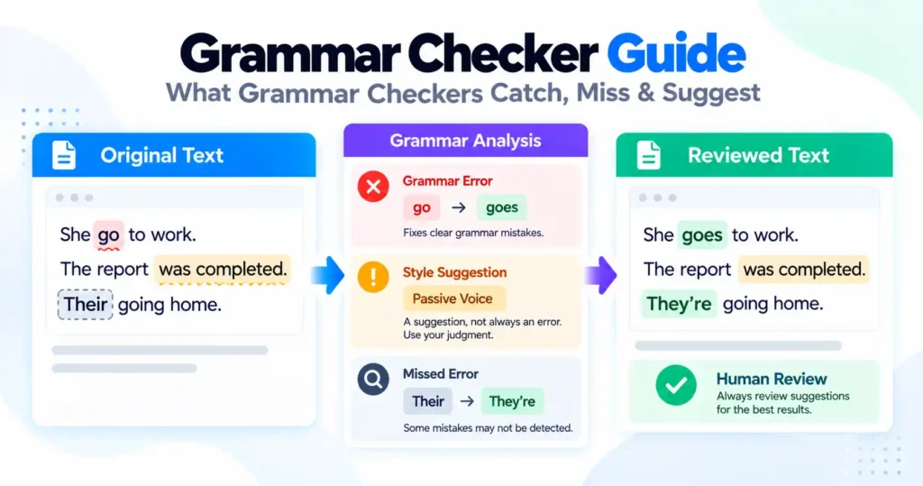 Grammar checker guide illustrating detected grammar errors, style suggestions, missed mistakes, and human review