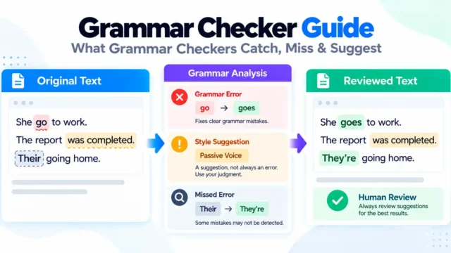 Grammar checker guide illustrating detected grammar errors, style suggestions, missed mistakes, and human review