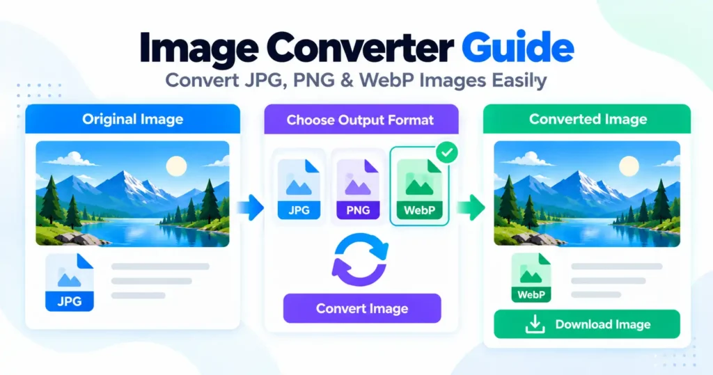 Image converter guide showing a JPG image converted to WebP with JPG, PNG, and WebP format options