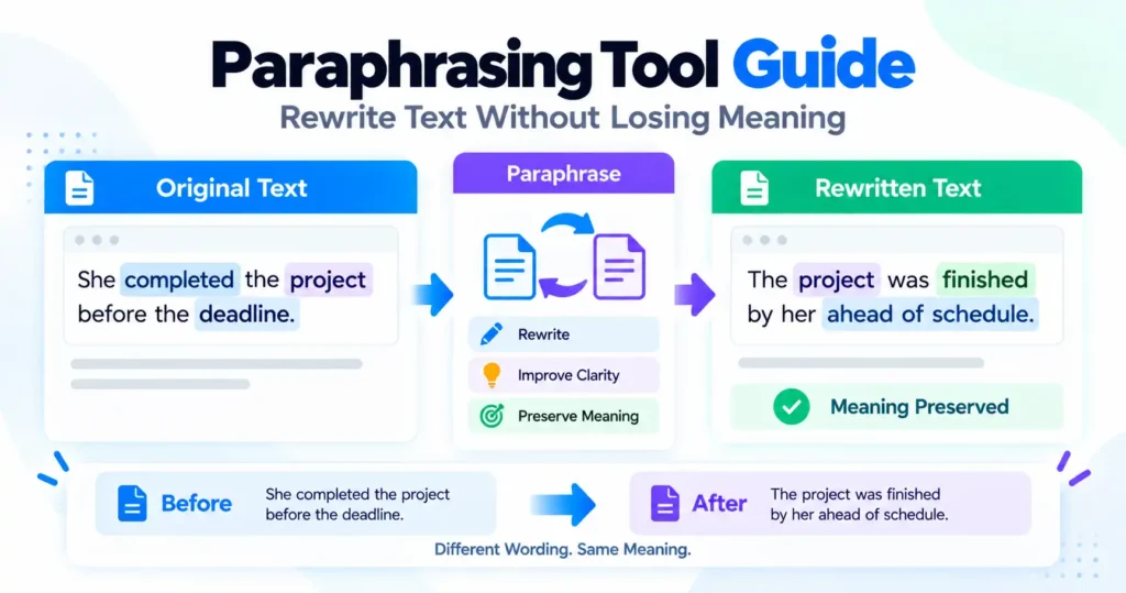 Paraphrasing tool guide showing an original sentence rewritten with different wording while preserving its meaning