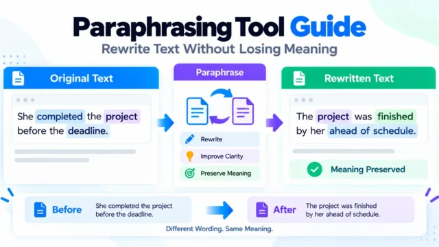 Paraphrasing tool guide showing an original sentence rewritten with different wording while preserving its meaning