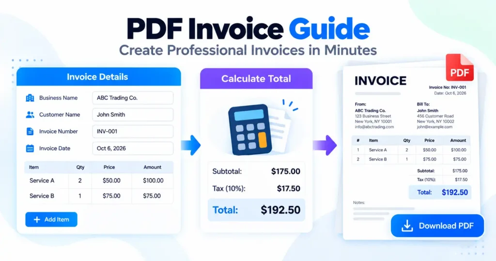 PDF invoice guide showing invoice details, itemized charges, tax calculation, and a downloadable PDF invoice