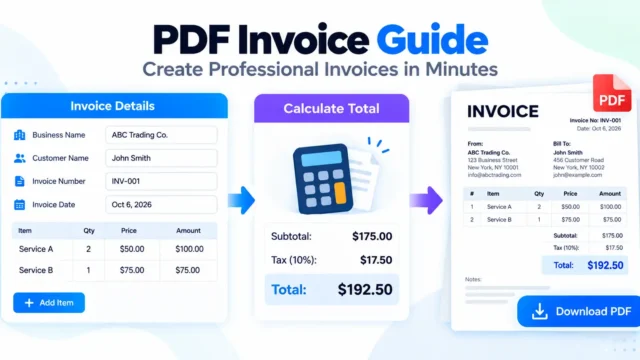 PDF invoice guide showing invoice details, itemized charges, tax calculation, and a downloadable PDF invoice