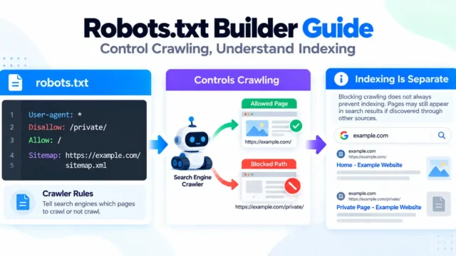 Robots.txt builder guide showing crawler Allow and Disallow rules and the difference between crawling and indexing