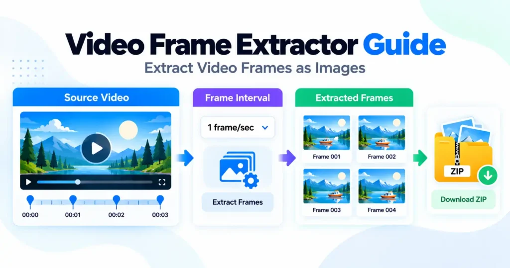 Video frame extractor guide showing frames captured from a video timeline and exported as images in a ZIP file
