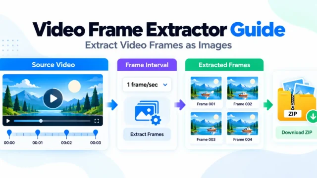 Video frame extractor guide showing frames captured from a video timeline and exported as images in a ZIP file