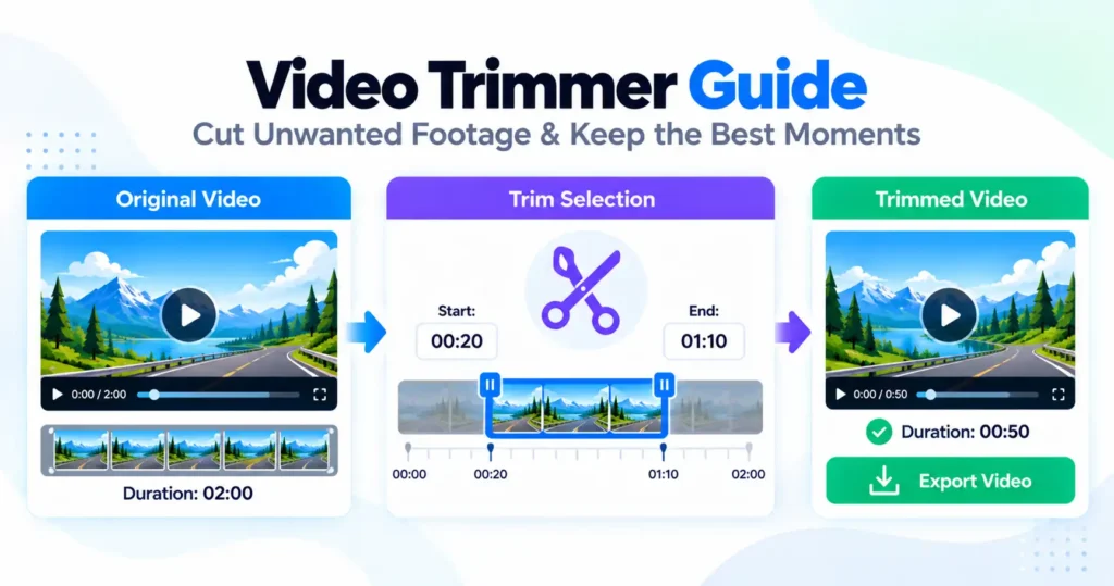 Video trimmer guide showing start and end time selection on a video timeline to create a shorter clip