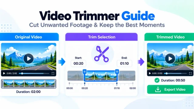 Video trimmer guide showing start and end time selection on a video timeline to create a shorter clip